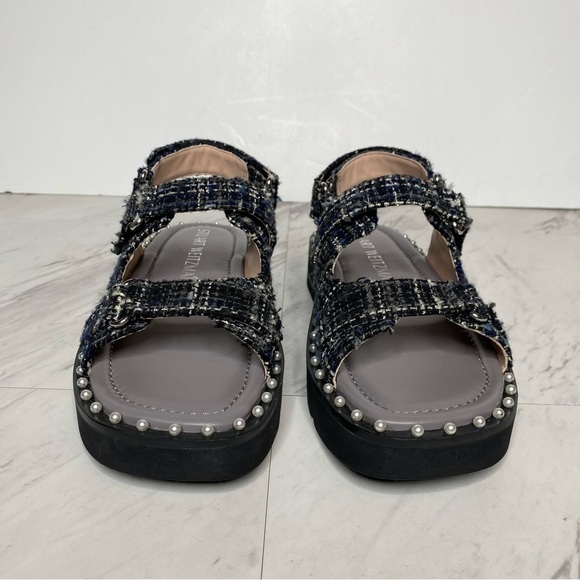 New! Stuart Weitzman Zoe Lift Embellished Tweed Sandal 8 1/2 B - Picture 2 of 14